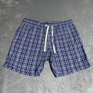 J Crew Shorts Mens Large Blue Plaid Linen Blend Chino Dock Drawstring Preppy